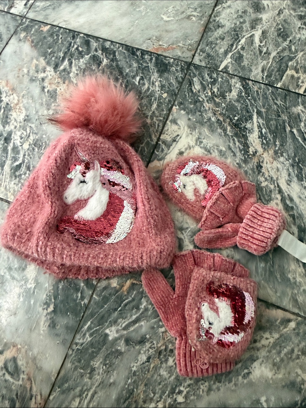 The Children's Place Pink Unicorn Pom-Pom Hat and Mitten Set